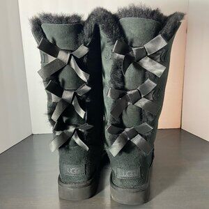 UGG Bailey Bow Tall Black Suede Boots — Women’s 6 — Classic Cozy Shearling